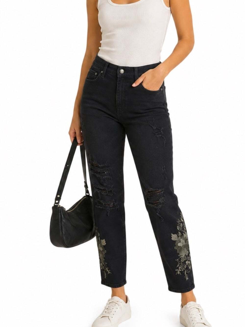 Joes Jeans Charlie Ankle 33 Black Floral Embroidered Slim Stretch Denimcore NWT